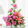 Gesteck mit Rosen und Lilien in Rosa